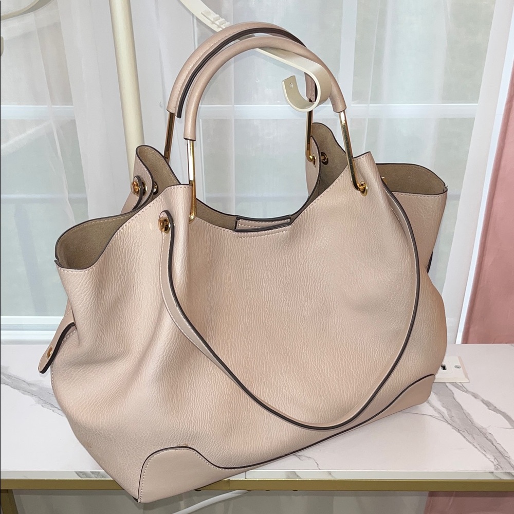 Sondra Roberts Light Beige Pebbled Leather Tote with Gold Hardware